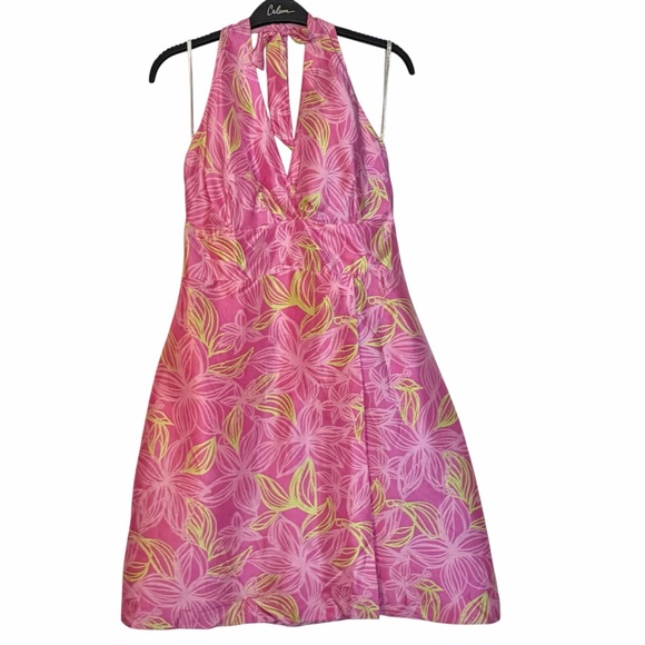 Lilly Pulitzer Dresses & Skirts - Vintage Lilly Pulitzer Halter Dress 100% Silk Pink Floral Size 8 TINY HOLES READ